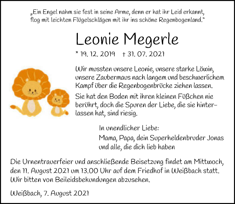  Traueranzeige für Leonie Megerle vom 07.08.2021 aus GESAMT