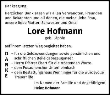 Traueranzeige von Lore Hofmann von GESAMT