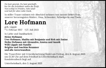 Traueranzeige von Lore Hofmann von GESAMT