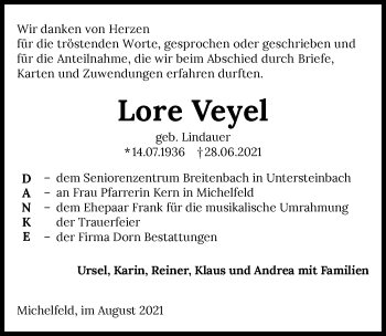 Traueranzeige von Lore Veyel von GESAMT