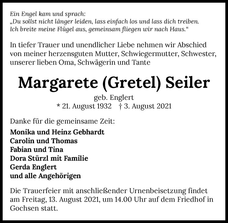  Traueranzeige für Margarete Seiler vom 11.08.2021 aus GESAMT