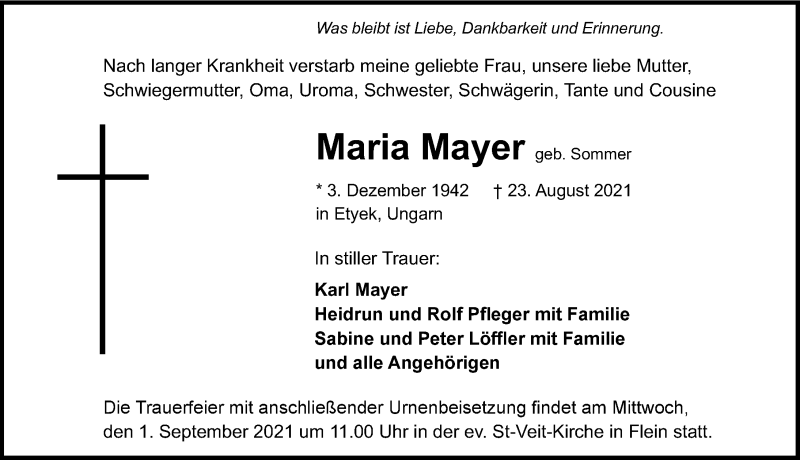  Traueranzeige für Maria Mayer vom 30.08.2021 aus GESAMT