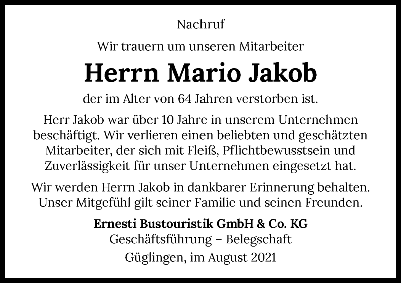  Traueranzeige für Mario Jakob vom 07.08.2021 aus GESAMT