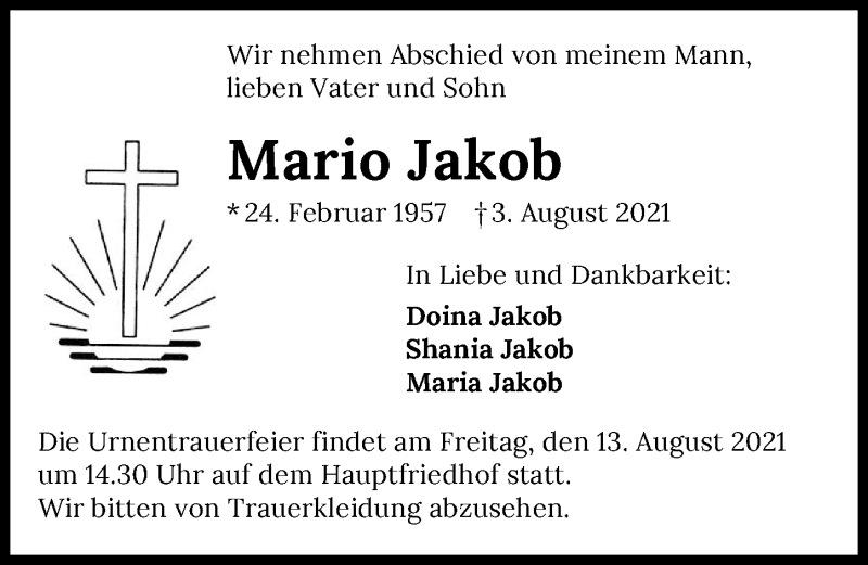  Traueranzeige für Mario Jakob vom 07.08.2021 aus GESAMT