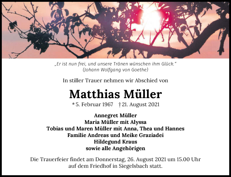  Traueranzeige für Matthias Müller vom 25.08.2021 aus GESAMT