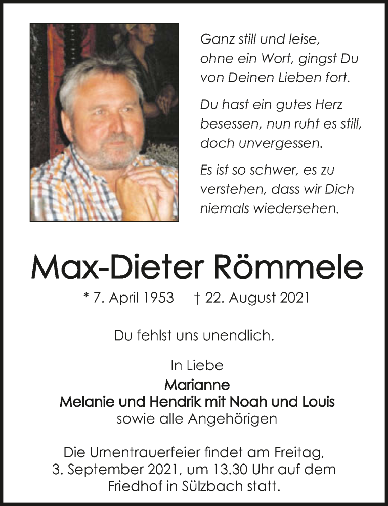  Traueranzeige für Max-Dieter Römmele vom 25.08.2021 aus GESAMT