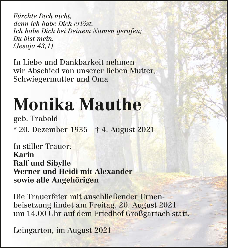  Traueranzeige für Monika Mauthe vom 18.08.2021 aus GESAMT