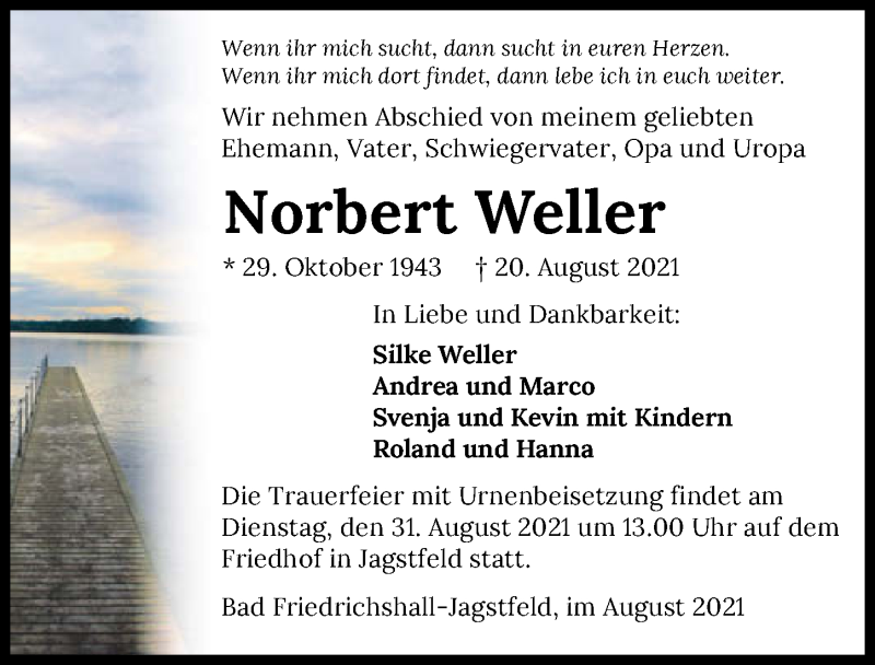  Traueranzeige für Norbert Weller vom 28.08.2021 aus GESAMT