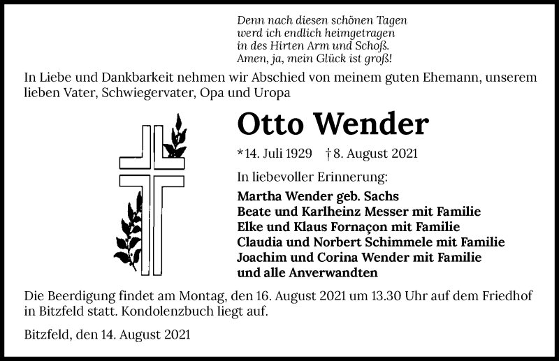  Traueranzeige für Otto Wender vom 14.08.2021 aus GESAMT