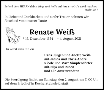 Traueranzeige von Renate Weiß von GESAMT