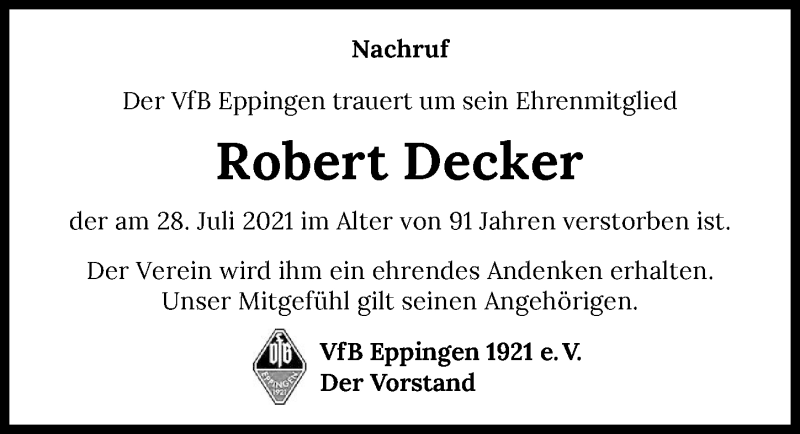  Traueranzeige für Robert Decker vom 04.08.2021 aus GESAMT