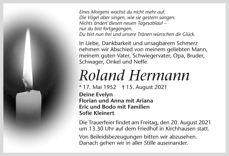  Traueranzeige für Roland Hermann vom 18.08.2021 aus GESAMT