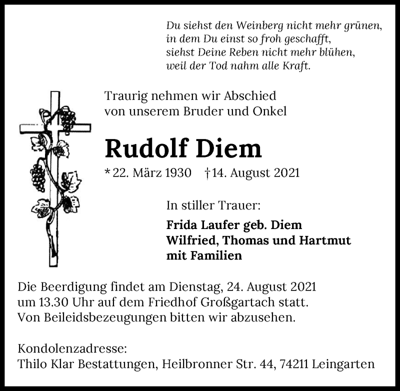  Traueranzeige für Rudolf Diem vom 21.08.2021 aus GESAMT