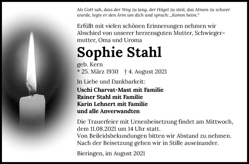  Traueranzeige für Sophie Stahl vom 07.08.2021 aus GESAMT