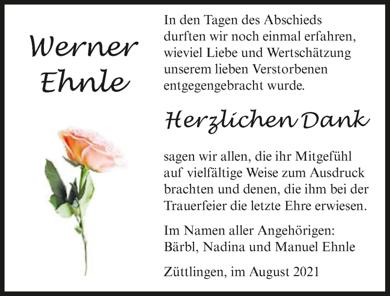  Traueranzeige für Werner Ehnle vom 13.08.2021 aus GESAMT