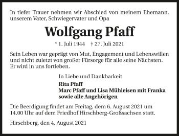 Traueranzeige von Wolfgang Pfaff von GESAMT