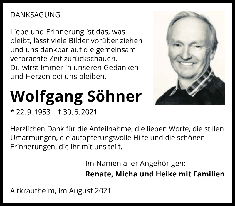  Traueranzeige für Wolfgang Söhner vom 03.08.2021 aus GESAMT
