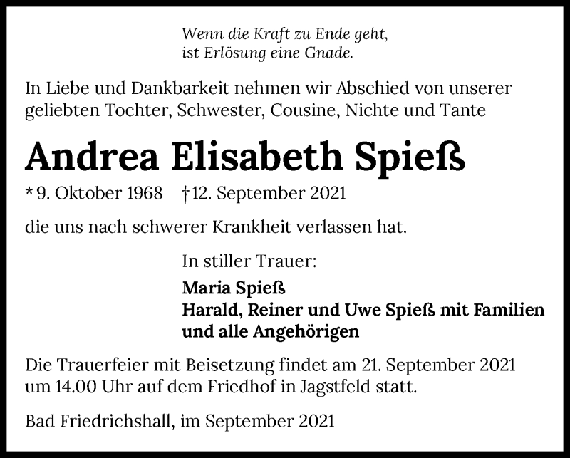  Traueranzeige für Andrea Elisabeth Spieß vom 21.09.2021 aus GESAMT