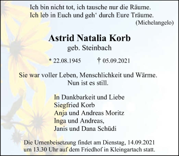 Traueranzeige von Astrid Natalia Korb von GESAMT