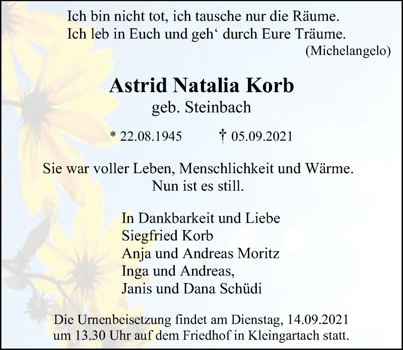  Traueranzeige für Astrid Natalia Korb vom 11.09.2021 aus GESAMT