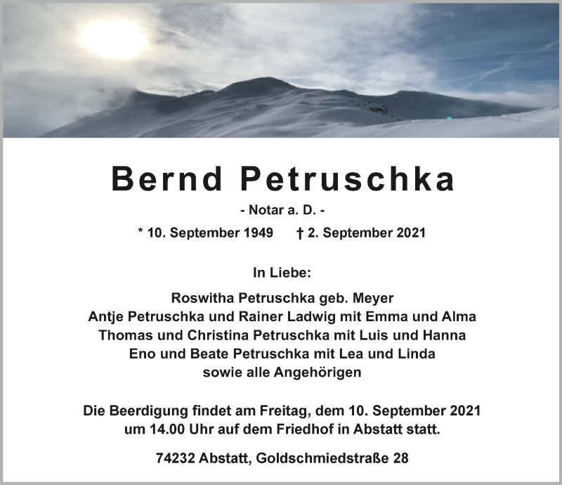  Traueranzeige für Bernd Petruschka vom 04.09.2021 aus GESAMT