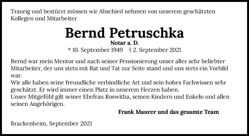  Traueranzeige für Bernd Petruschka vom 07.09.2021 aus GESAMT