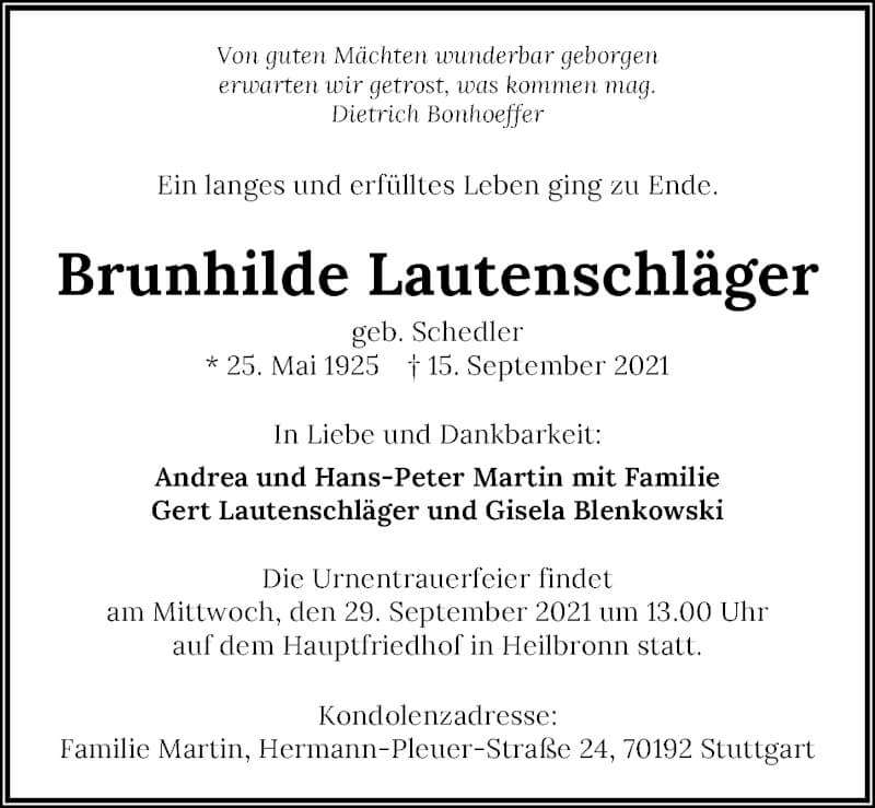  Traueranzeige für Brunhilde Lautenschläger vom 18.09.2021 aus GESAMT