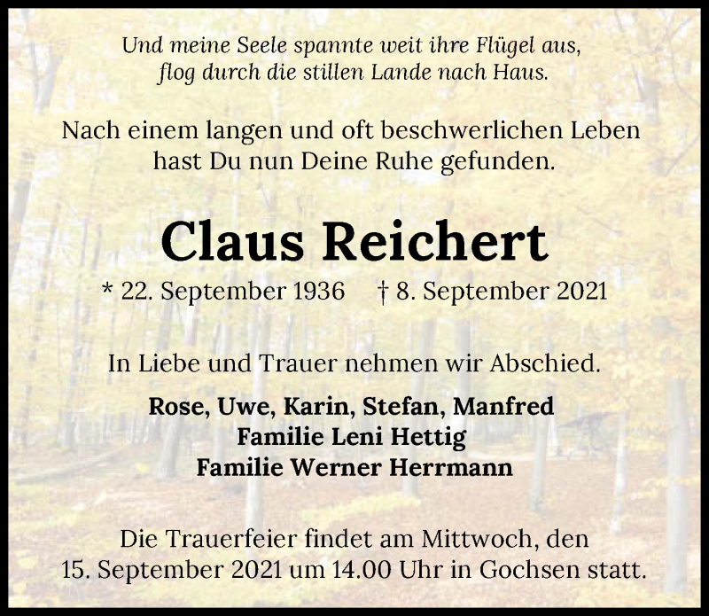  Traueranzeige für Claus Reichert vom 14.09.2021 aus GESAMT