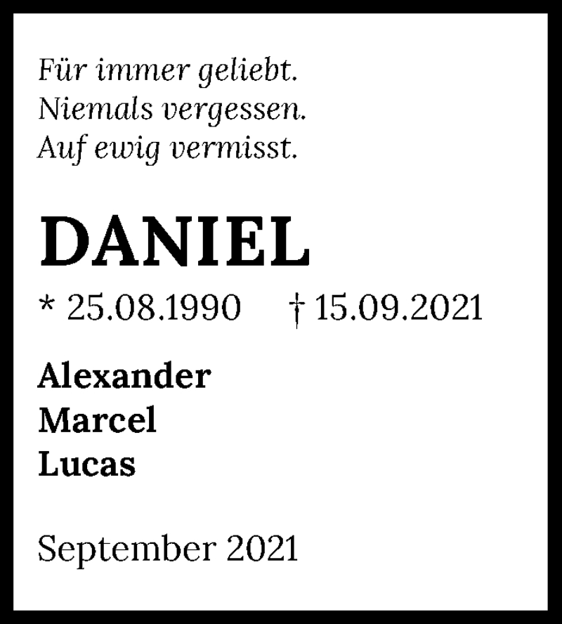  Traueranzeige für Daniel  vom 21.09.2021 aus GESAMT