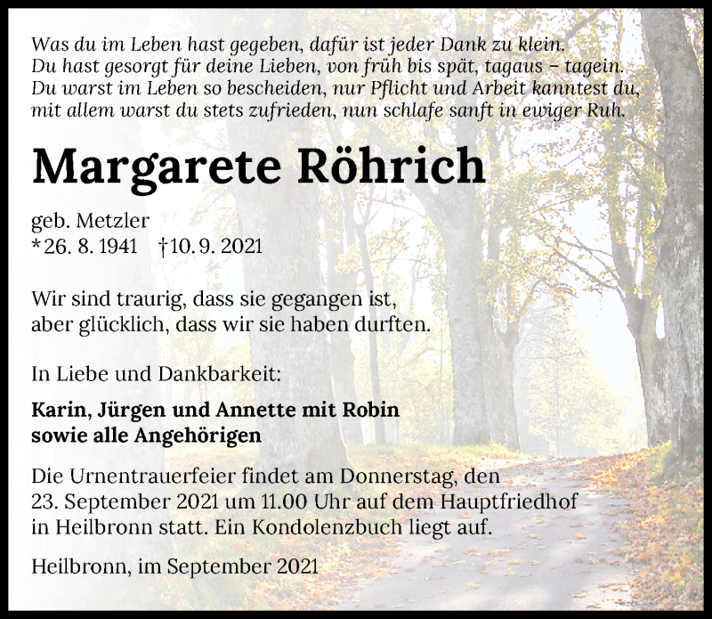  Traueranzeige für Margarete Röhrich vom 18.09.2021 aus GESAMT