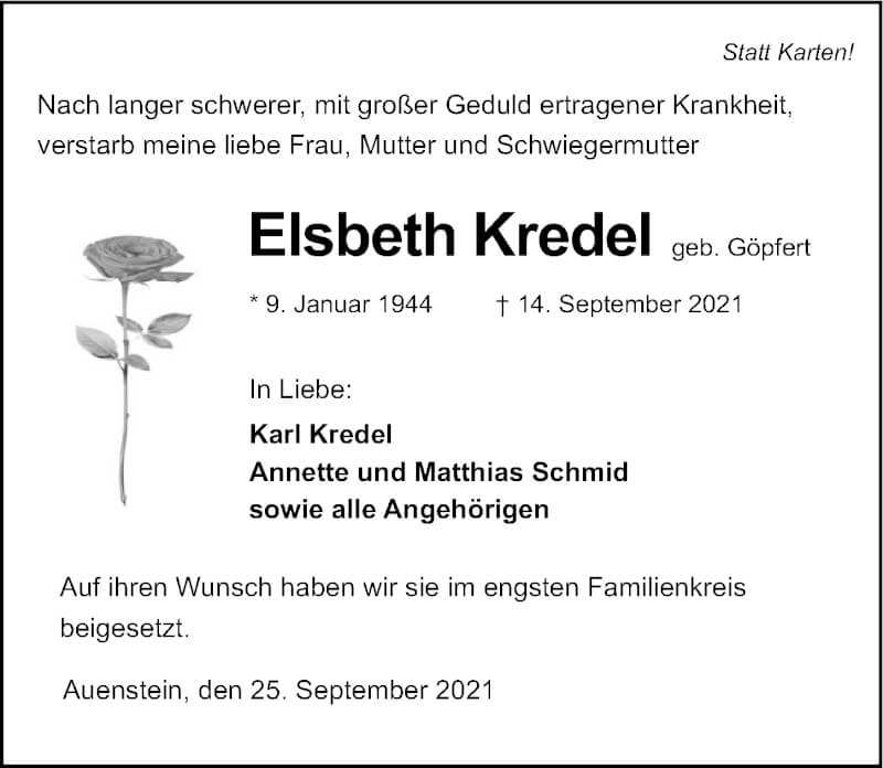  Traueranzeige für Elsbeth Kredel vom 25.09.2021 aus GESAMT