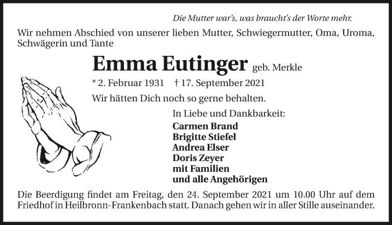  Traueranzeige für Emma Eutinger vom 22.09.2021 aus GESAMT