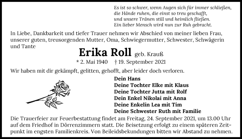  Traueranzeige für Erika Roll vom 22.09.2021 aus GESAMT