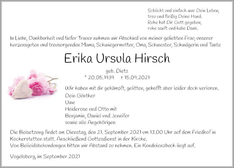  Traueranzeige für Erika Ursula Hirsch vom 18.09.2021 aus GESAMT