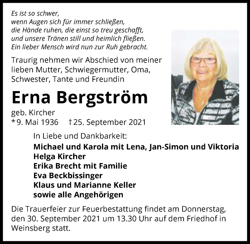  Traueranzeige für Erna Bergström vom 28.09.2021 aus GESAMT