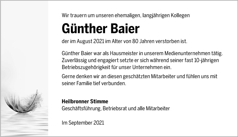  Traueranzeige für Günther Baier vom 11.09.2021 aus GESAMT