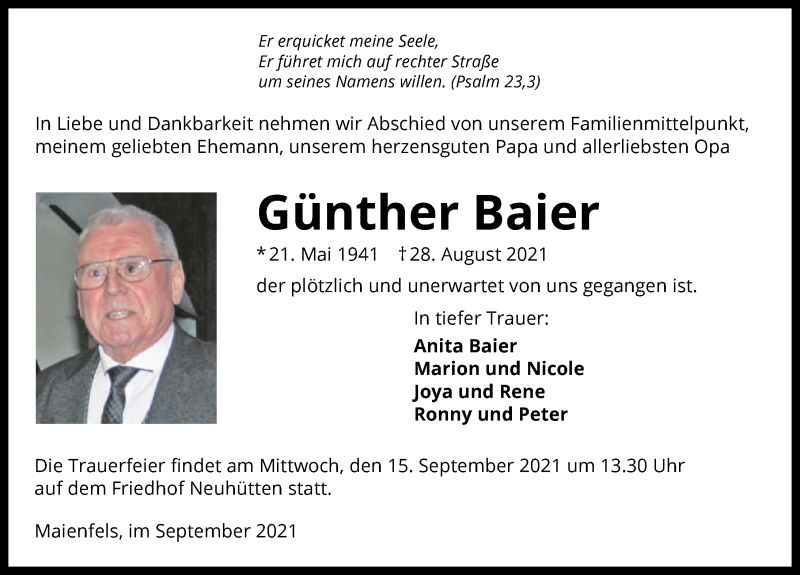  Traueranzeige für Günther Baier vom 11.09.2021 aus GESAMT
