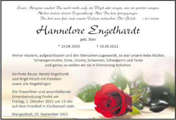 Traueranzeige von Hannelore Engelhardt von GESAMT