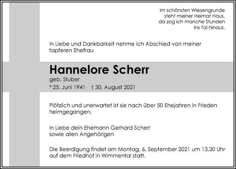 Traueranzeige für Hannelore Scherr vom 02.09.2021 aus GESAMT
