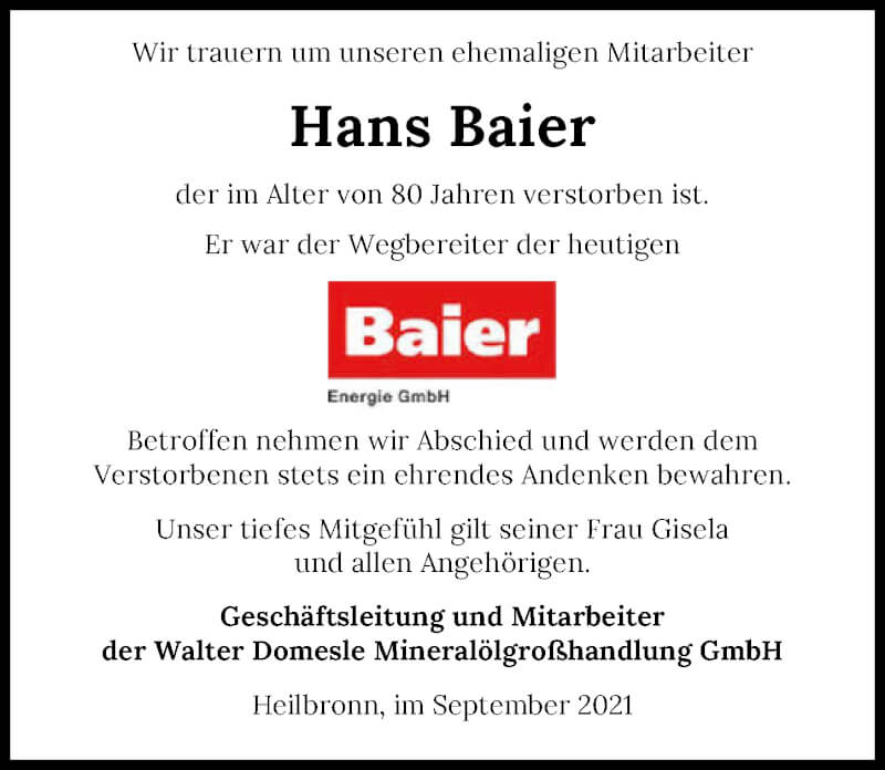  Traueranzeige für Hans Baier vom 18.09.2021 aus GESAMT