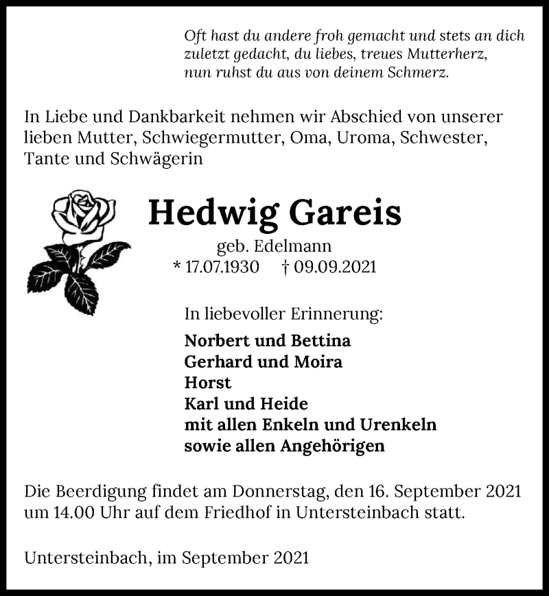  Traueranzeige für Hedwig Gareis vom 14.09.2021 aus GESAMT