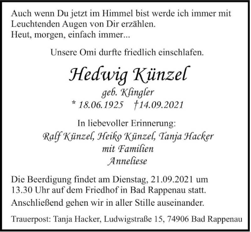  Traueranzeige für Hedwig Künzel vom 18.09.2021 aus GESAMT
