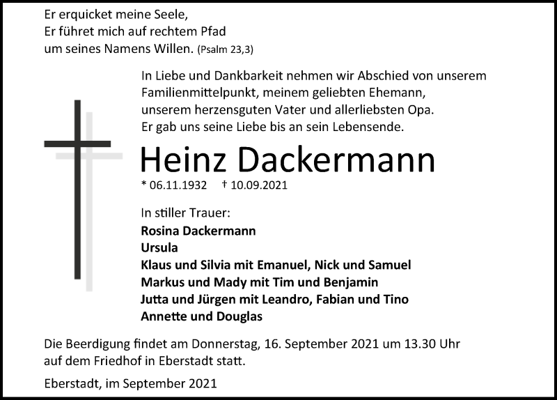  Traueranzeige für Heinz Dackermann vom 14.09.2021 aus GESAMT