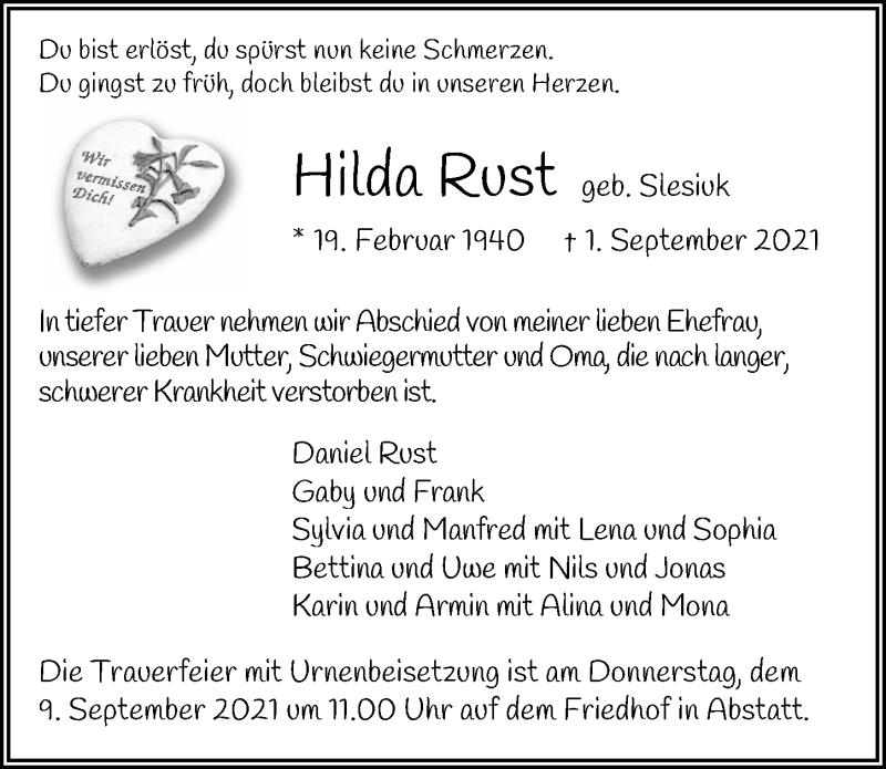  Traueranzeige für Hilda Rust vom 04.09.2021 aus GESAMT