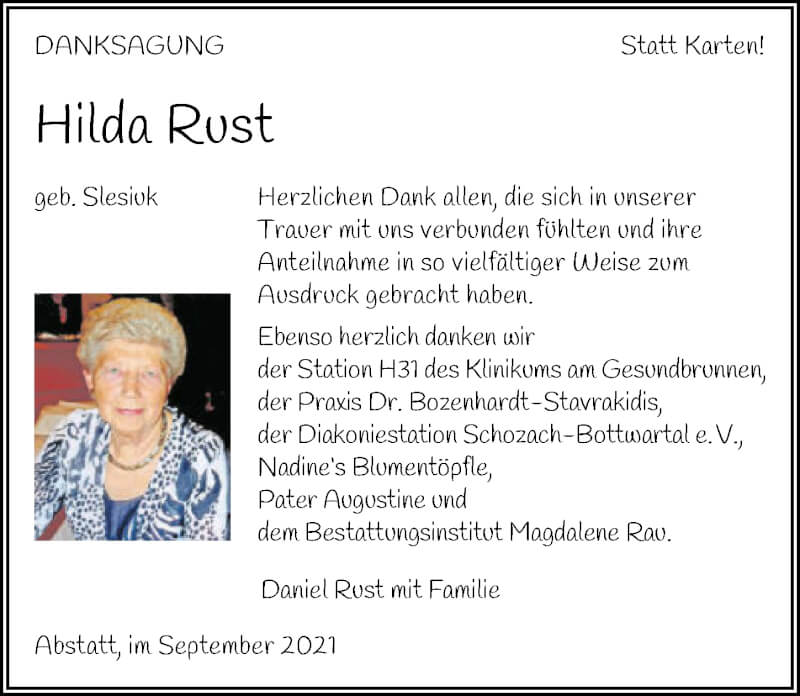  Traueranzeige für Hilda Rust vom 18.09.2021 aus GESAMT