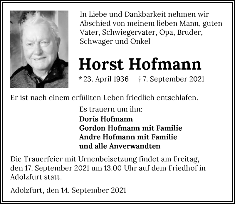  Traueranzeige für Horst Hofmann vom 14.09.2021 aus GESAMT
