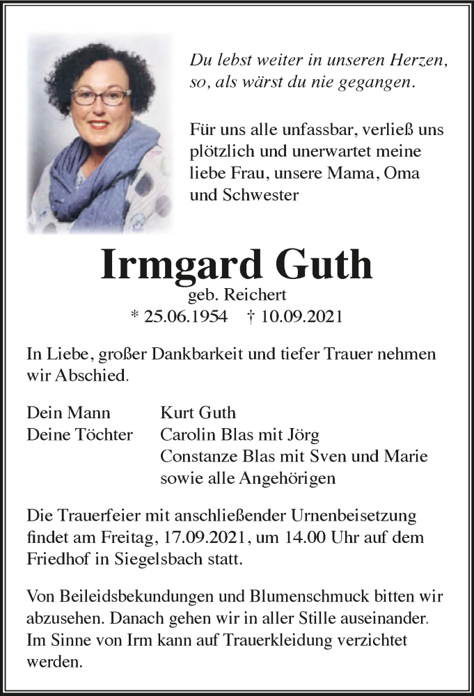  Traueranzeige für Irmgard Guth vom 15.09.2021 aus GESAMT