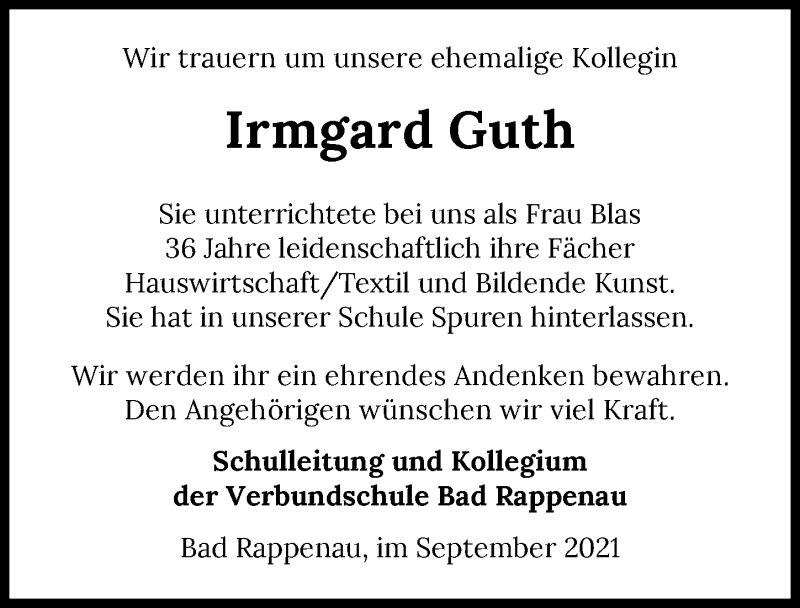  Traueranzeige für Irmgard Guth vom 16.09.2021 aus GESAMT