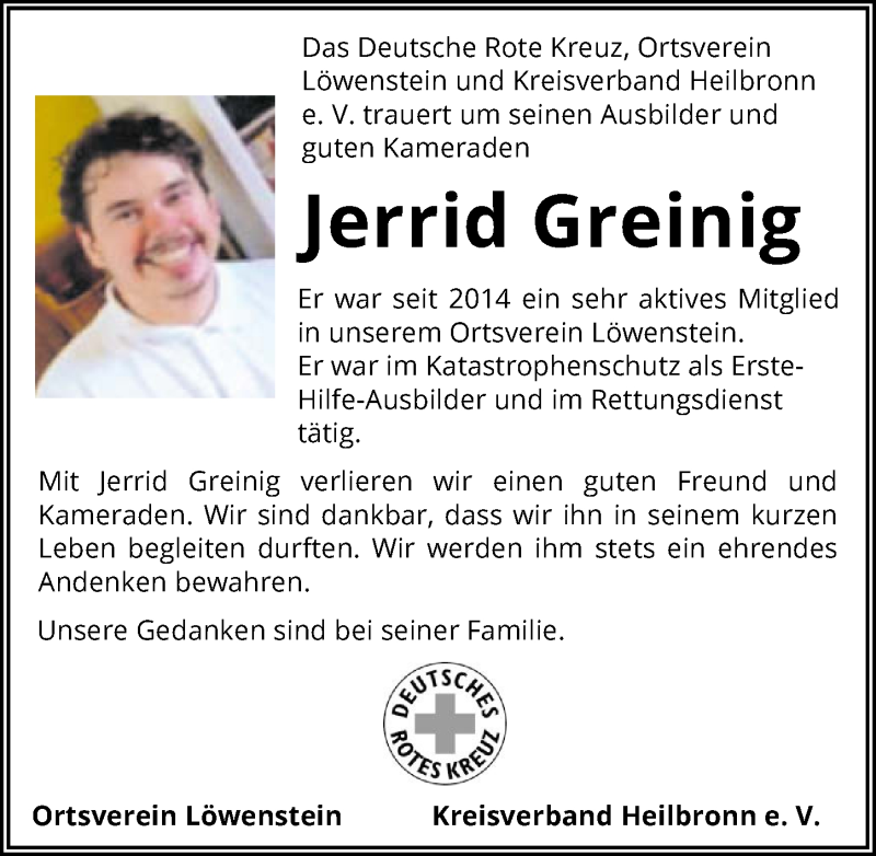  Traueranzeige für Jerrid Greinig vom 11.09.2021 aus GESAMT