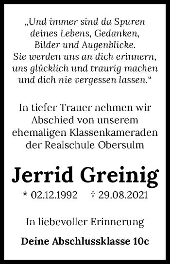 Traueranzeige von Jerrid Greinig von GESAMT